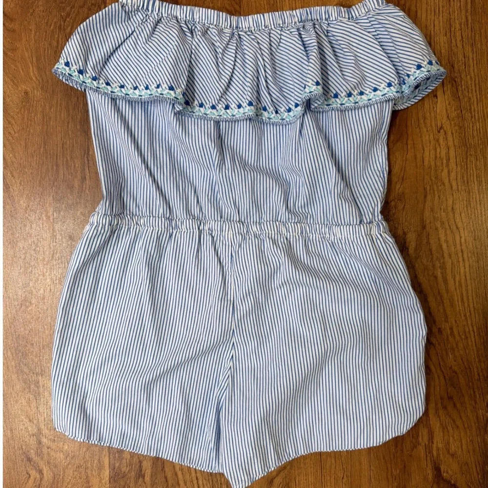 Vineyard Vines Women Small Blue White Seersucker Off‎ Shoulder Ruffle Romper